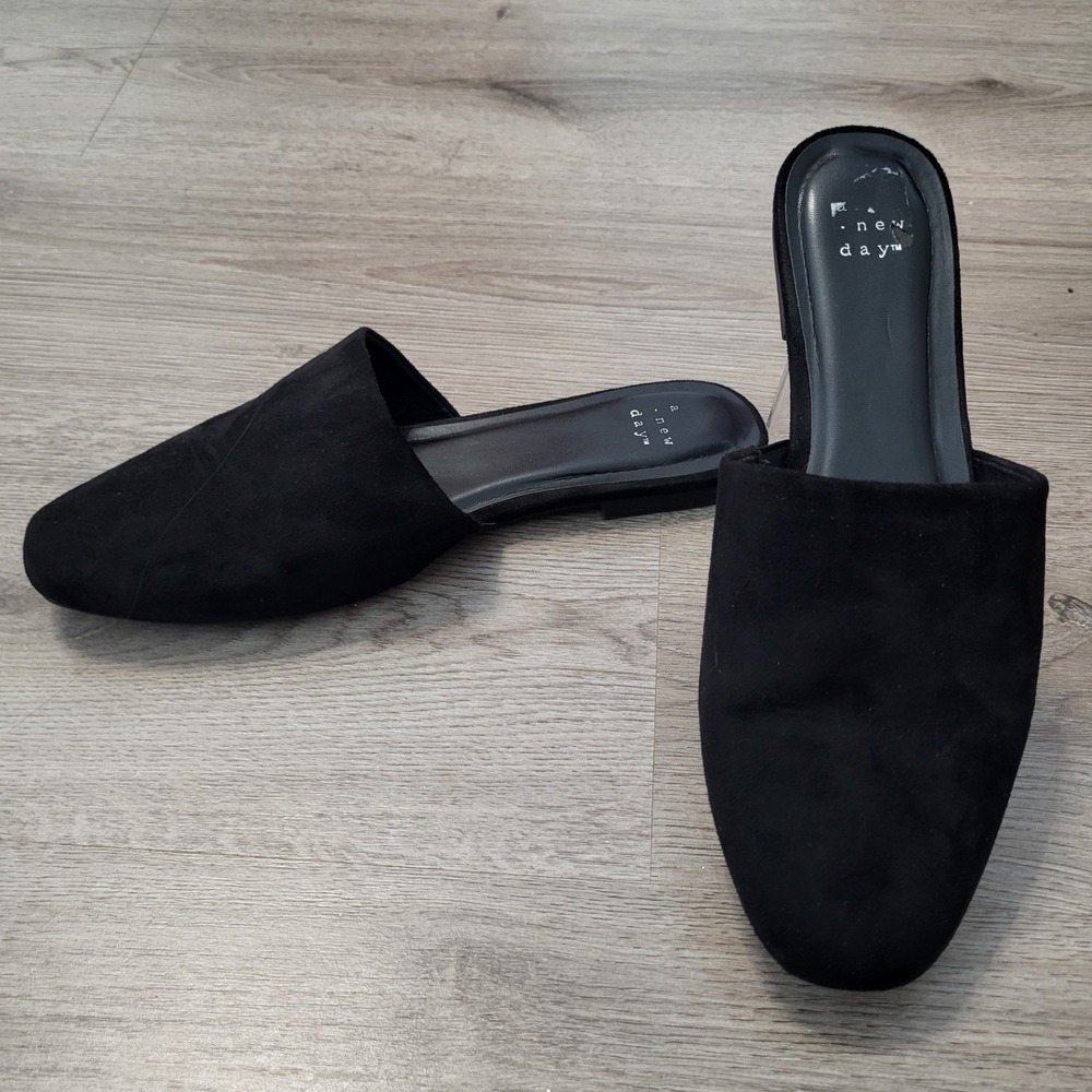Womens Black Faux Suede Square Toe Slip On Mules Flats Office Smart Casual 10